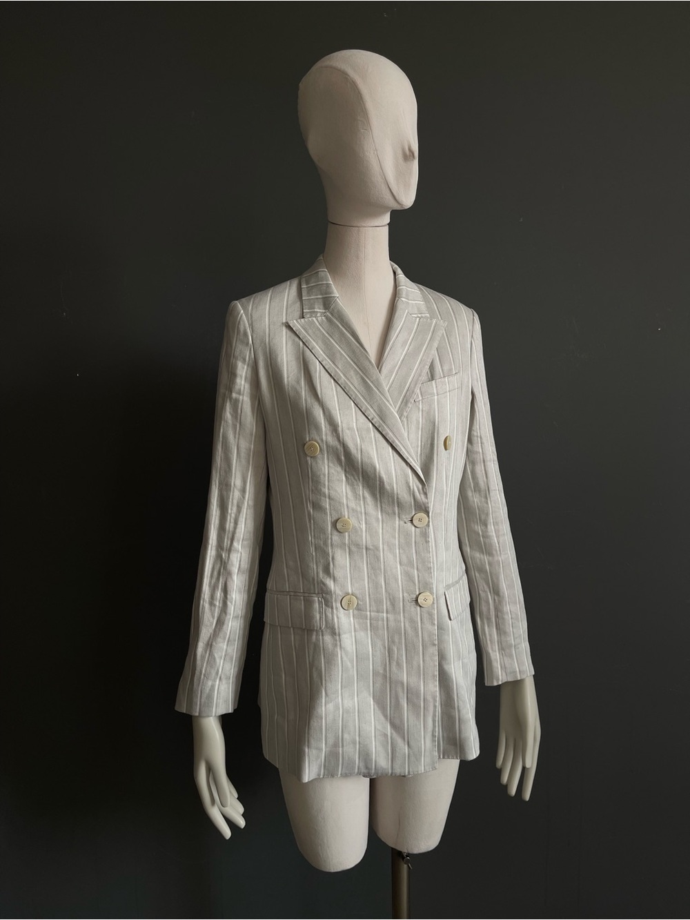 Theory DB Tailor Gray Linen Blend Pinstripe Double Breasted Blazer Jacket Size 4